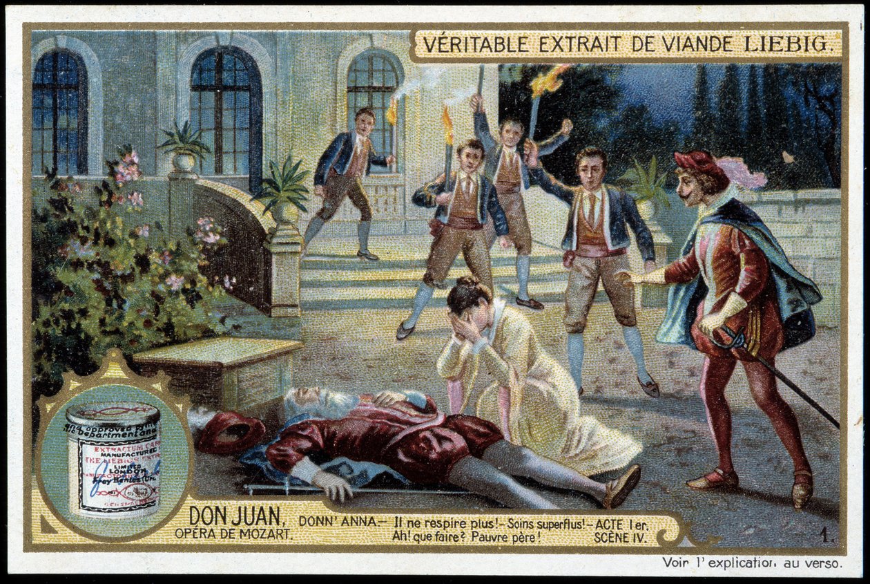 Donna Anna opdager sin døde far - "" Han trækker ikke længere vejret! Overflødig pleje! Hvad skal man gøre? Stakkels far! - Akt I, scene 4 af Don Juan (Don Giovanni), opera af Mozart (1756-1791) - Liebig kromolitografi af Unknown artist