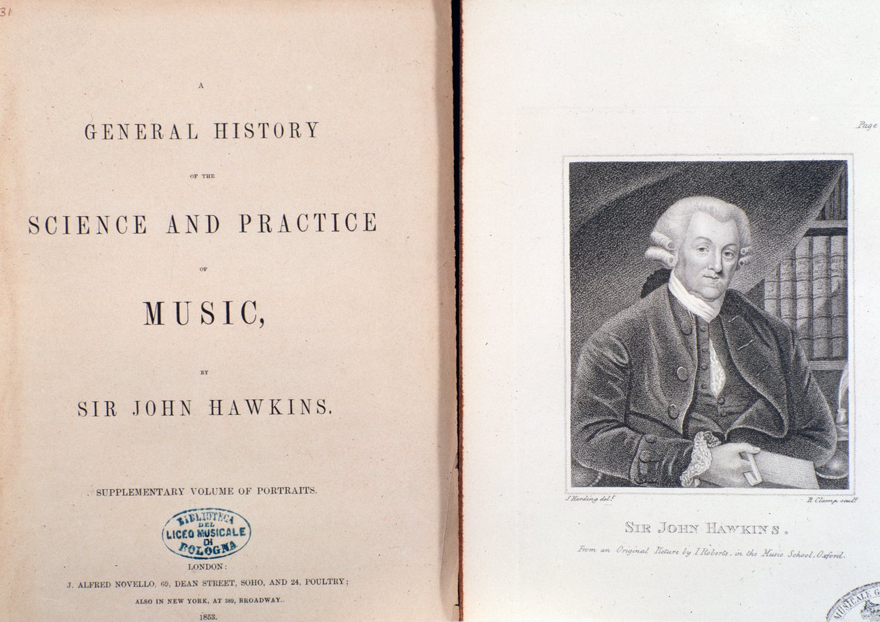 Dobbeltside og frontispice af General History Of The Science And Practice Of Music af John Hawkins af Unknown artist