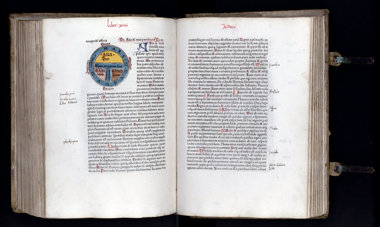 Dobbeltsidet med det skematiske kort over verden på T-O (TO) modellen, tre kontinenter er repræsenteret (Asien, Afrika og Europa). Manuskript "" Ethymologies"" (Etymologiae) af Isidorus (Isidore af sevilla) (560/570-636) 12. århundrede. 1472 af Unknown artist