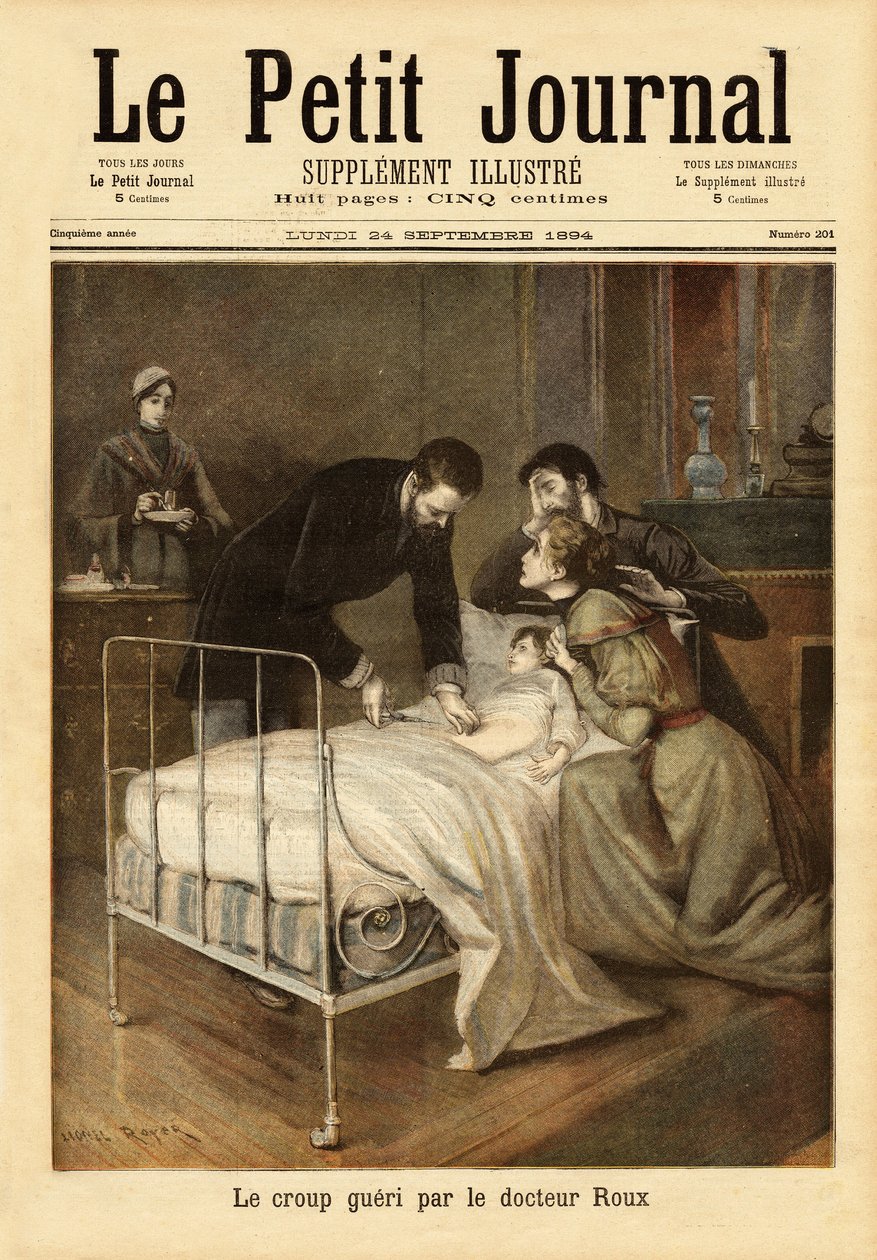 Dr. Emile Roux (1853-1933), en bakteriolog, samarbejdspartner for Louis Pasteur (1822-1895), som udviklede vaccinen mod croup (komplikation af mæslinger hos børn). Indgravering i "" Le petit journal"" 24/09/1894. Selvas samling. af Unknown artist