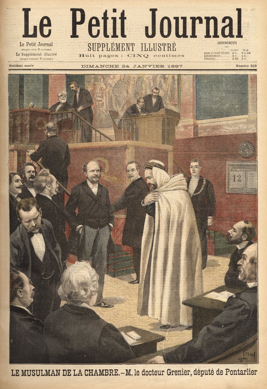 Dr. Grenier, en stedfortræder for Pontarlier, for nylig konverteret til islam, skaber en skandale ved at gå til deputeredes værelse iført det arabiske kostume. Indgravering i "" Le petit journal"" 24/01/1897. Selva samling. af Unknown artist