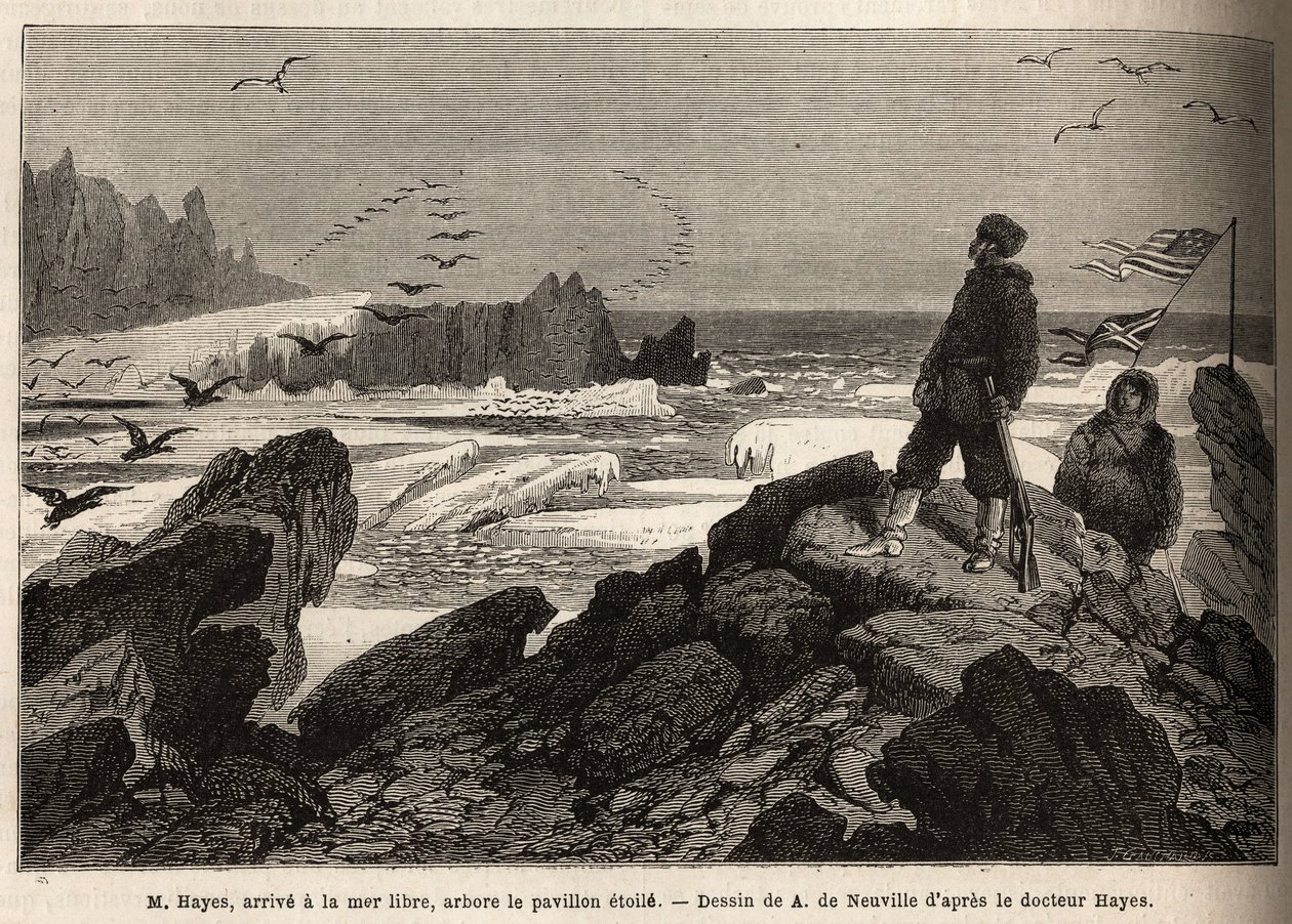 Dr. Hayes, ankommer til det frie hav af den arktiske pol, formålet med hans ekspedition, planter det amerikanske stjernebanner. Gravering for at illustrere rejsen til det frie hav af den arktiske pol, af Doctor Hayes, kirurg fra den amerikanske flåde, i 18 af Unknown artist