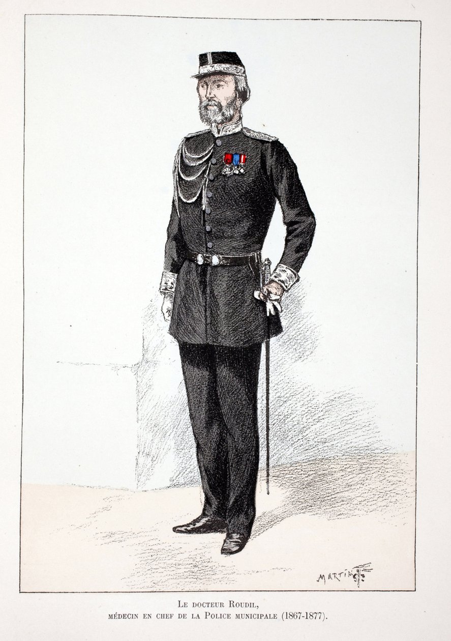 Dr. Roudil, overlæge i det kommunale politi (1867-1877). Radering i farver, til illustration "History of the Corps of Peacekeepers""" bog udgivet i regi af Louis Lepine (1846-1933), præfekt for politiet på Seinen, af A af Unknown artist