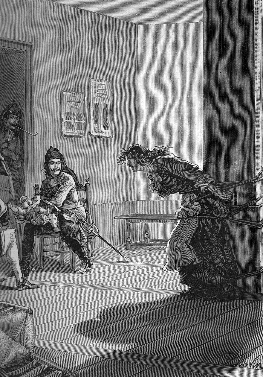 Dragonnades (1685-1686) - tortur af en protestantisk familie: kongens soldater, drager, holder en baby, mens hendes mor er fastgjort til en stang. Indgravering af det 19. århundrede. I "Histoire de France" af Jules Michelet af Unknown artist