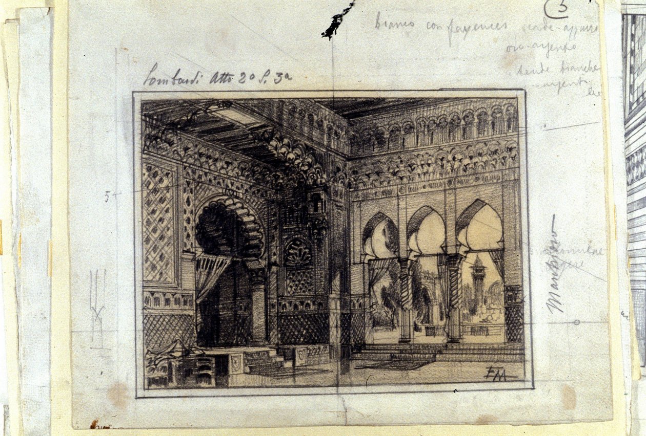 Tegning til sceneriet i Scene 3 i anden akt af operaen "" I Lombardi"" eller "" Langobarderne ved det første korstog""" komponeret af Giuseppe Verdi (1813 - 1901) i 1843. af Unknown artist