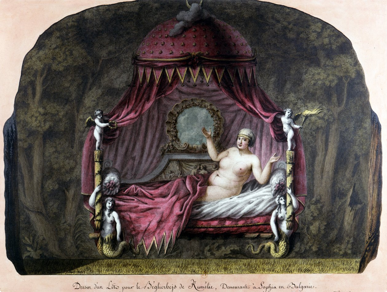 Tegning af en seng til bey di Roumelie, bosat i Sophia, Bulgarien. En nøgen kvinde inviterer hende med. J. J. Lepreu. af Unknown artist