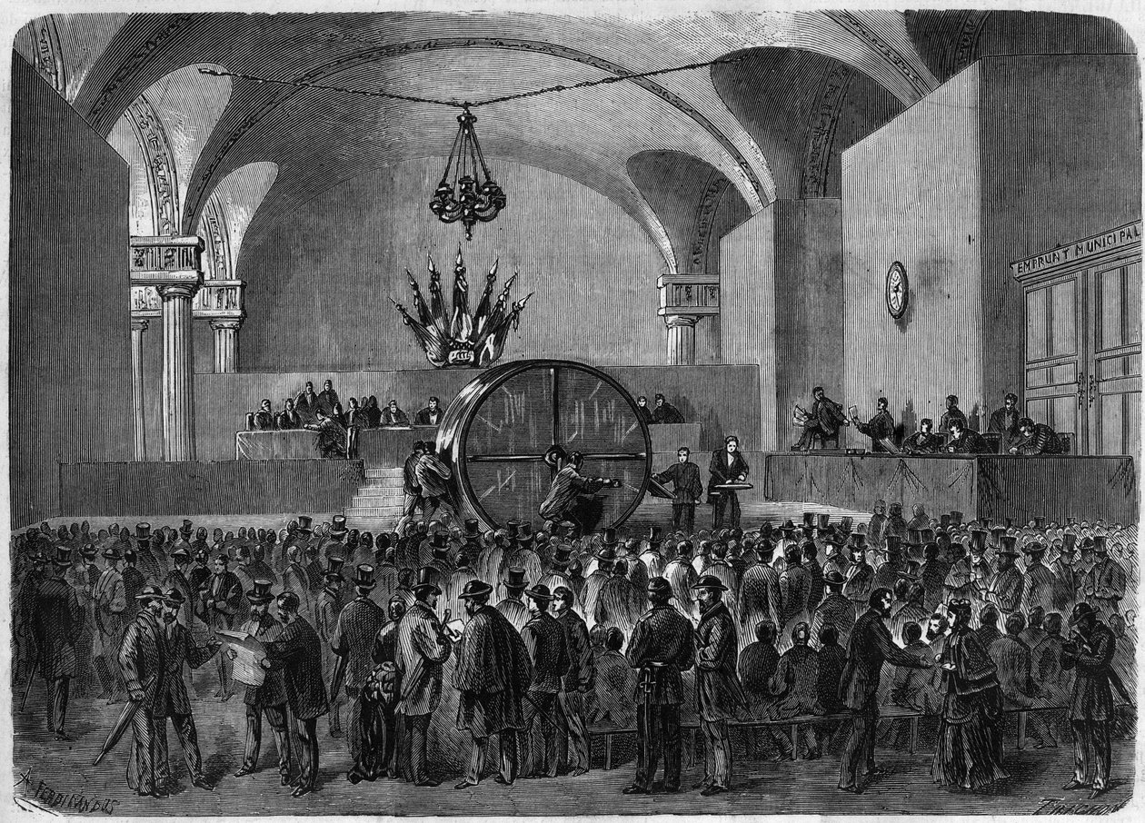 Trækning af lod om obligationer, der skal tilbagebetales, tilhørende de to lån, som byen Paris havde optaget i 1855 og 1866. Hotel de Ville de Paris, 2. februar af Unknown artist