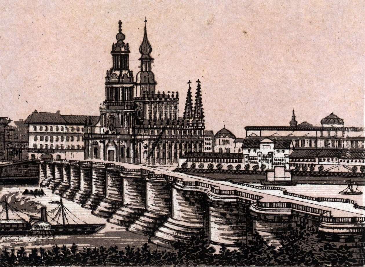 Dresden, Tyskland: udsigt over Augustus-broen i Dresden. i "" Verden illustrerer 168 visninger"" Udateret (slutningen af 1800-tallet) af Unknown artist