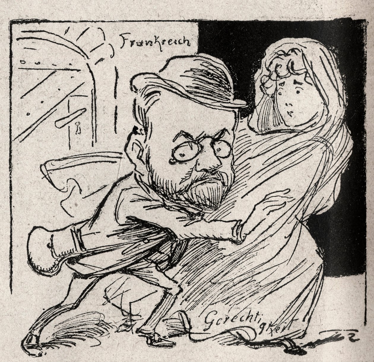 Dreyfus-affæren - Emile Zola har retfærdighed: kom med mig, min skatmester, her vil vi ikke længere høre os - Tegning offentliggjort i den østrigske avis "Der Floh"" i 1898 (gengivet i Le Rire af Unknown artist