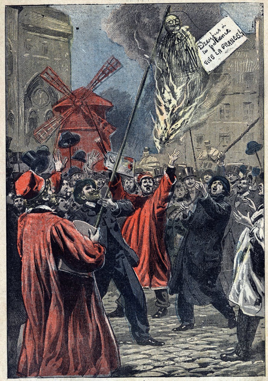 Dreyfus-sag - Paris - 1898: antisemitmanisfestation i Montmartre. Et billede af Martin Dreyfus, Alfreds bror, er brulee på pladsen, med et skilt hængende på hans hals: “Dreyfus har galgen. Længe leve Frankrig!" Illustration i "" Le Pelerin"" af J af Unknown artist
