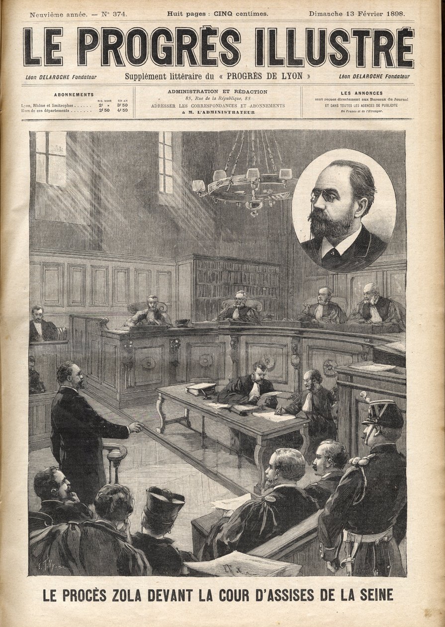 Dreyfus-sag: Emile Zola (1840-1902) ved notretten til retssagen mod Alfred Dreyfus af Unknown artist