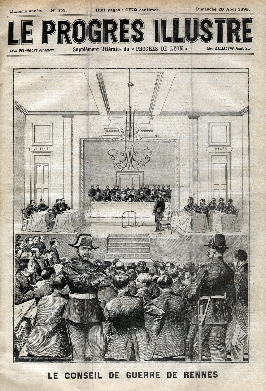 Dreyfus sag. Rennes retssagen. Alfred Dreyfus før krigsrådet (1899). Cover af "" Le progresses de Lyon"" fra 20. august af Unknown artist