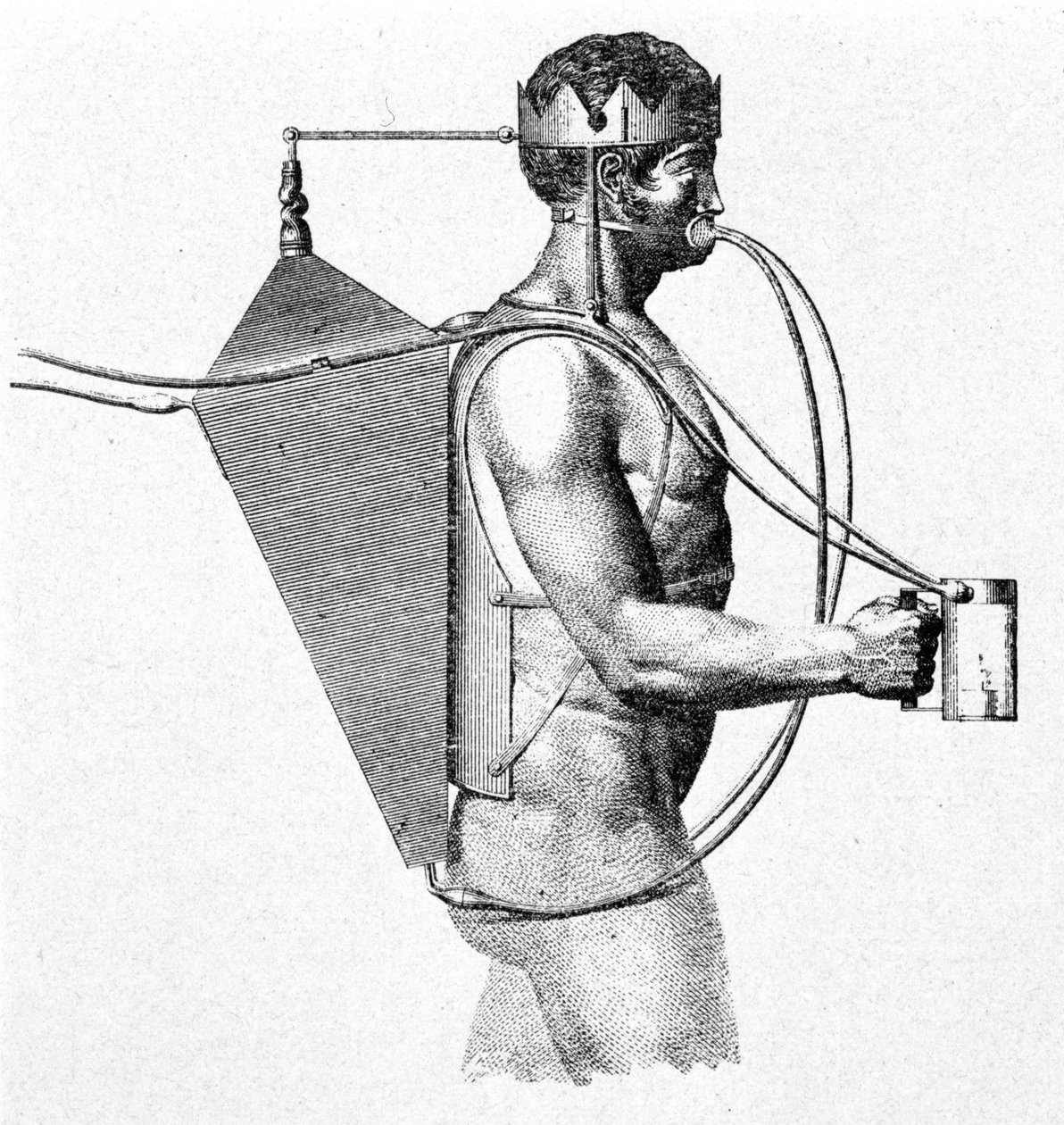 Driebergs scaphandre-projekt fra 1802, kendt som tritonen. Luften kommer lige ind i mandens mund. af Unknown artist