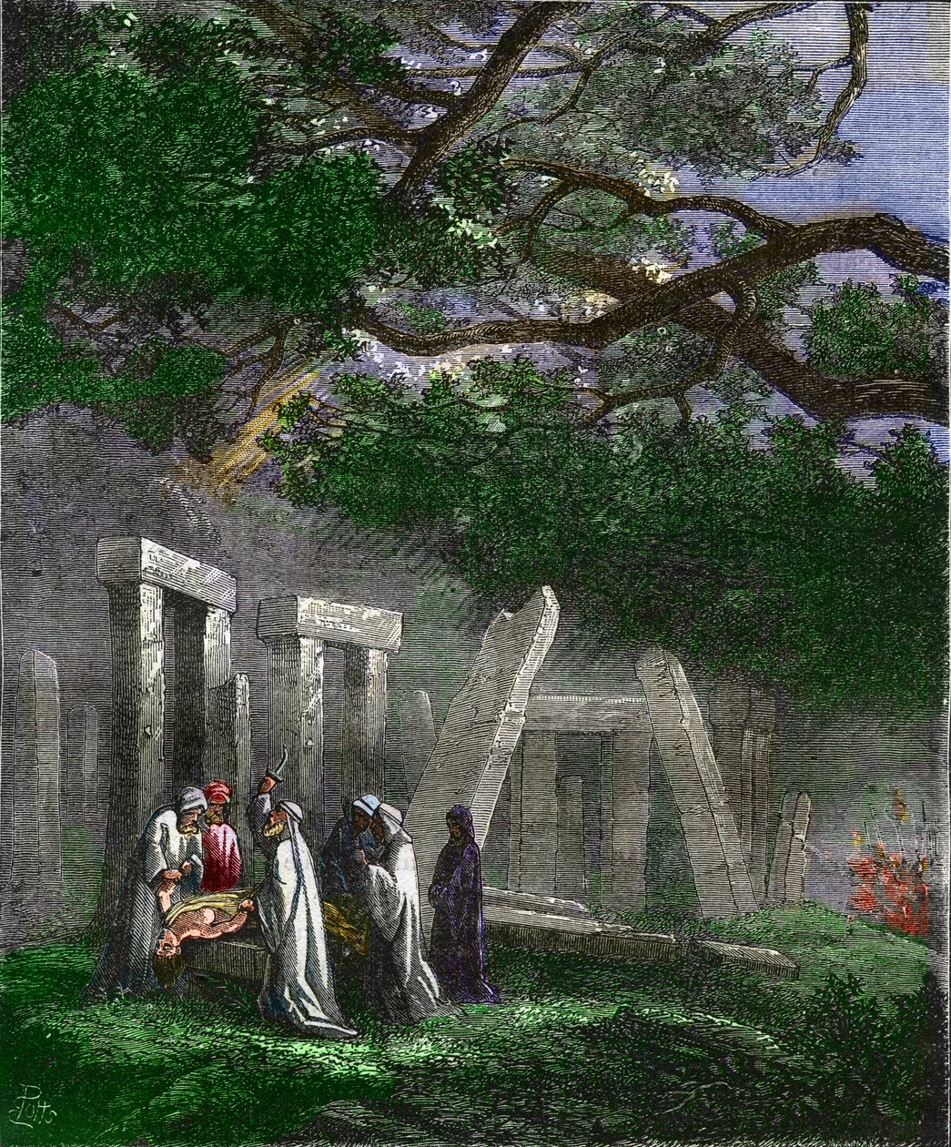 Druider udøver et menneskeoffer ved Stonehenge stoppet af romerske soldater - Menneskeoffer udført af druiderne ved Stonehenge stoppet af romerske soldater under ritualet - Farvelægningsgravering fra det 19. århundrede af Unknown artist