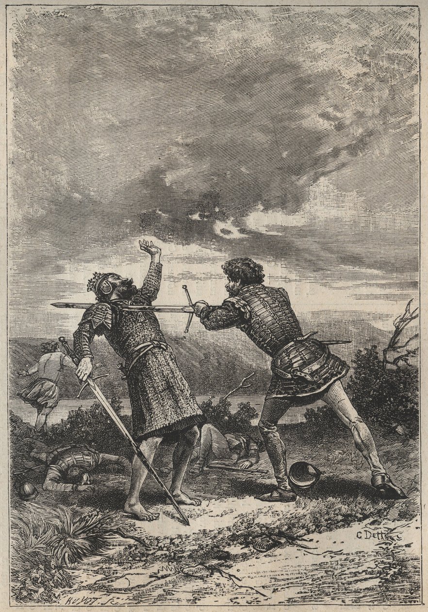Duel and death of Oak Torquil - illustration fra det 19. århundrede til den historiske roman "The Pretty Girl of Perth or Valentine