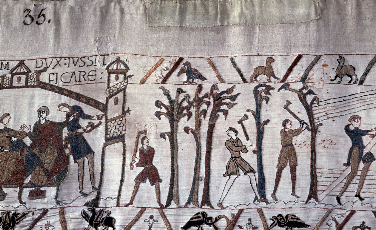 Hertug Guillaume beordrede bygning af skibe, træer blev fældet - Bayeux-tapet, kendt som Broderi af Dronning Mathilde af Unknown artist