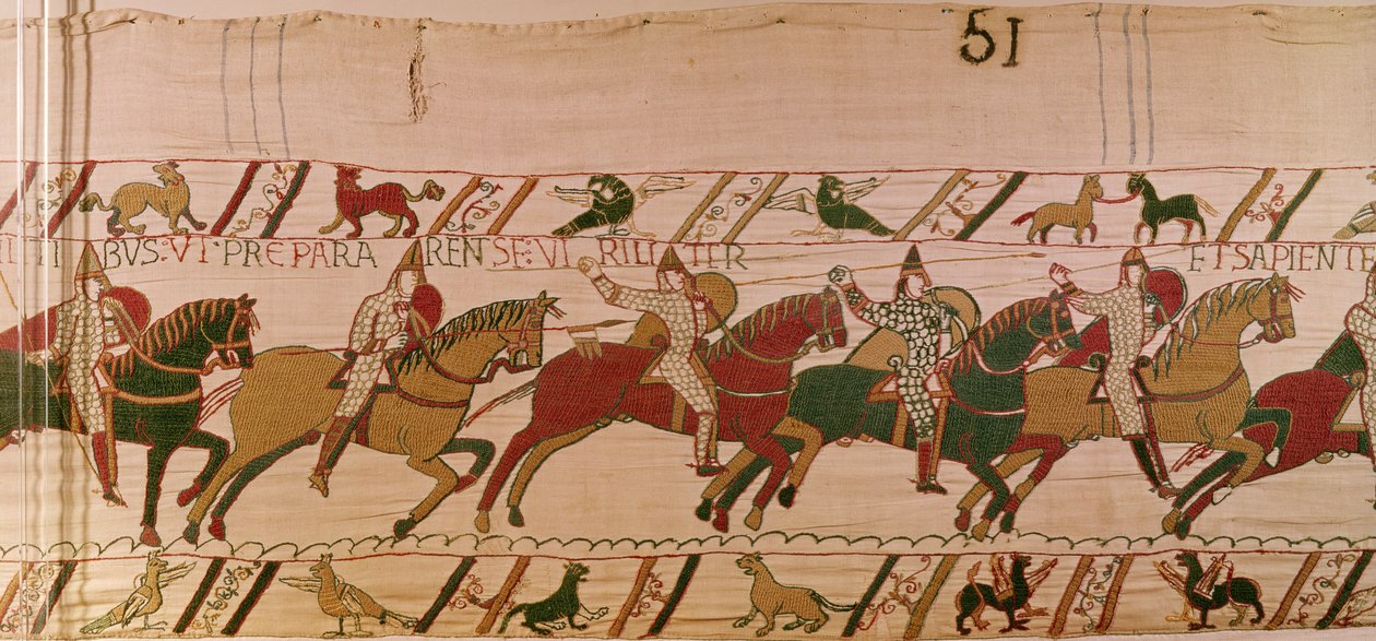 Hertug William opfordrer sine tropper til at forberede sig klogt som mænd til kampen mod den engelske hær, Bayeux-tapet (uldbroderi på linned) af Unknown artist