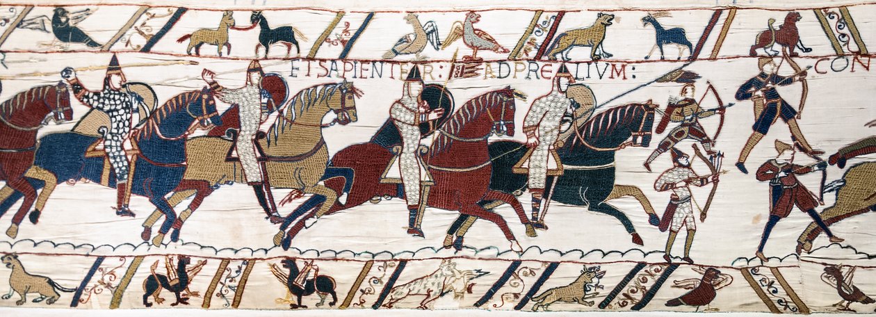 Hertug William opfordrer sine tropper til at forberede sig på kampen mod den engelske hær, Bayeux Tapestry (uldbroderi på hør) af Unknown artist