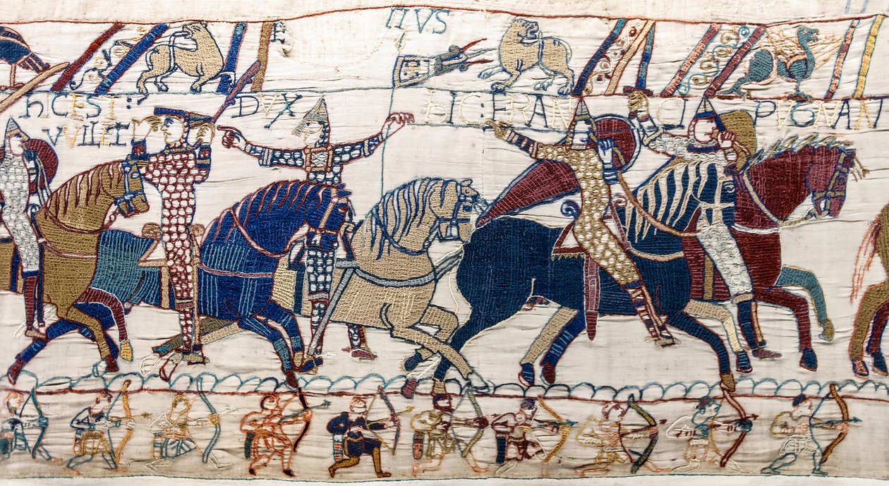 Hertug William viser ansigt til sin hær, Bayeux Tapestry (uldbroderi på hør) af Unknown artist