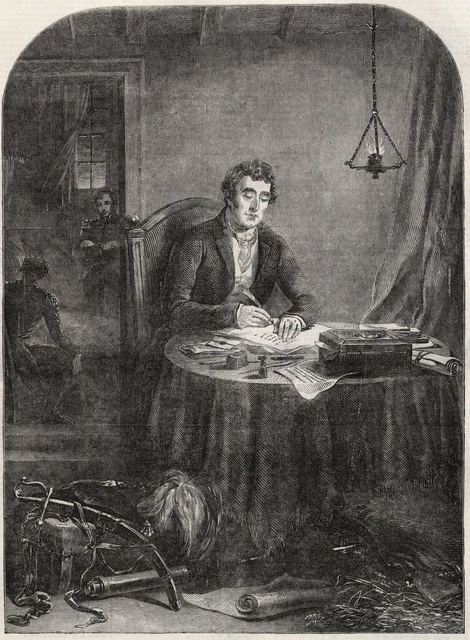 Duke of Wellington (Arthur Wellesley (1769-1852) Duke of Wellington) skriver udsendelse efter Waterloo, 19. juni 1815 - gravering 1852 af Unknown artist