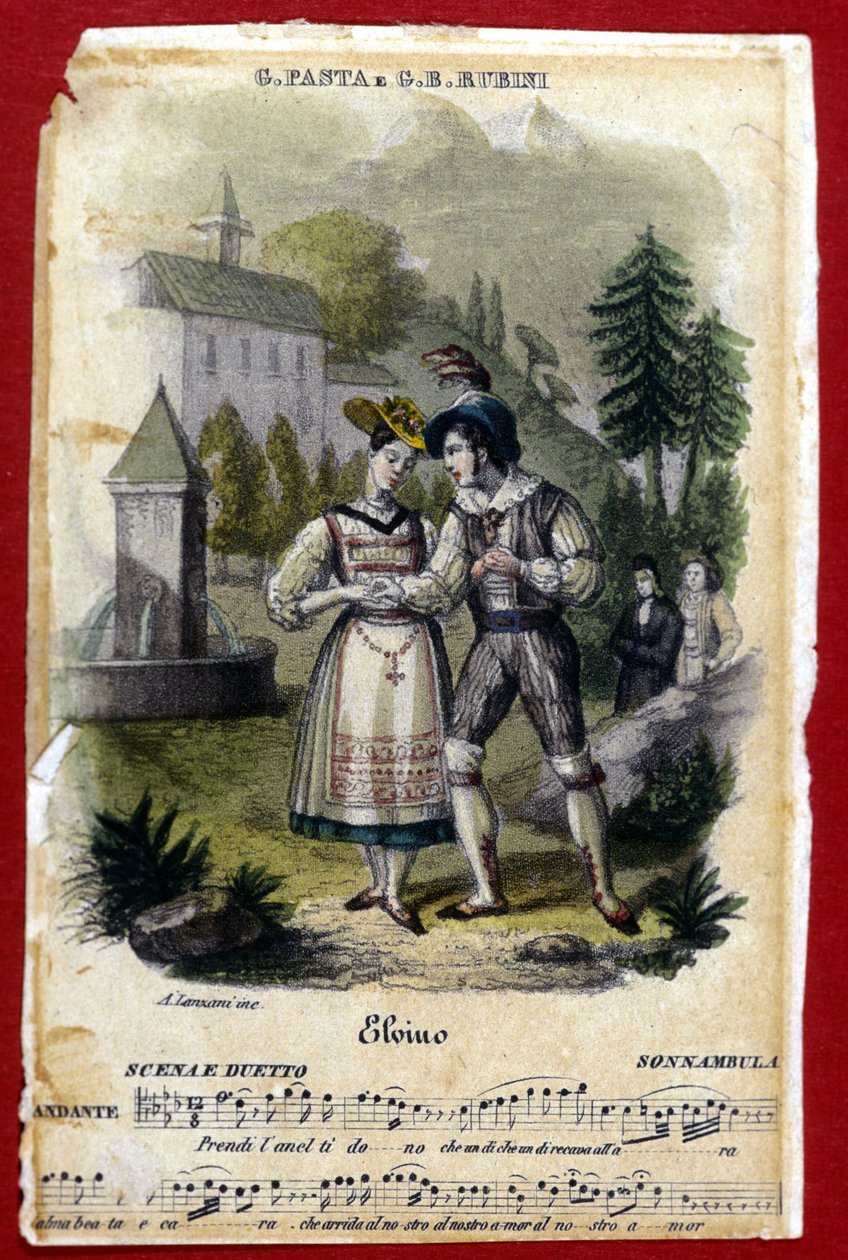 Duo mellem Giuditta Pasta og Gian Battista Rubini i operaen "La somnambule" "("La Sonnambula") af Vincenzo Bellini. Carcano i Milano Teater. 1831. af Unknown artist