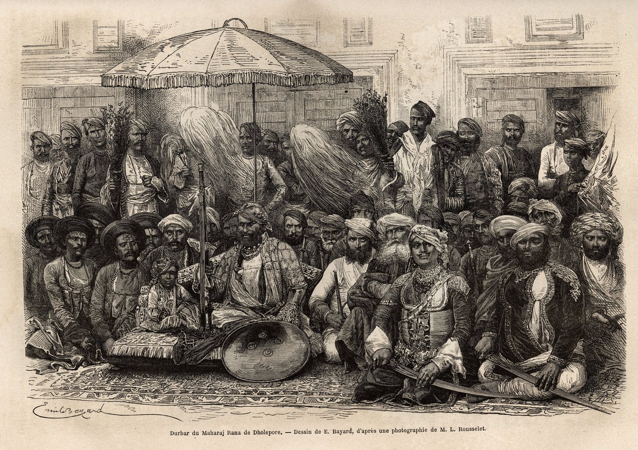 Durbar (feodalt og juridisk råd i en fyrstelig stat) af Maharaja Rana, fra kongeriget Dholepore (Rajasthan). Engravure pour illustrrer l