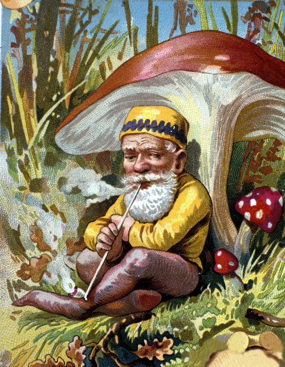Dværg eller farfadet ryger piben. 1800-tallets kromolitografi. af Unknown artist