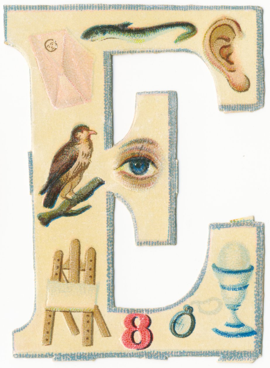 E: kuvert, ål, øre, ørn, øje, staffeli, otte, brille, æg (farve litho) af Unknown artist