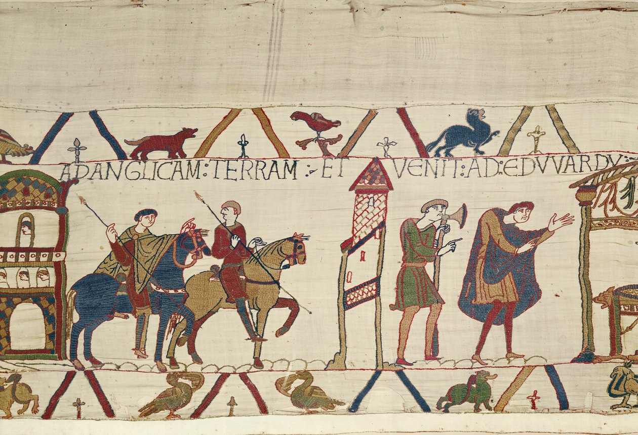 Earl Harold kører fra Bosham til London, Bayeux Tapestry (uldbroderi på hør) af Unknown artist
