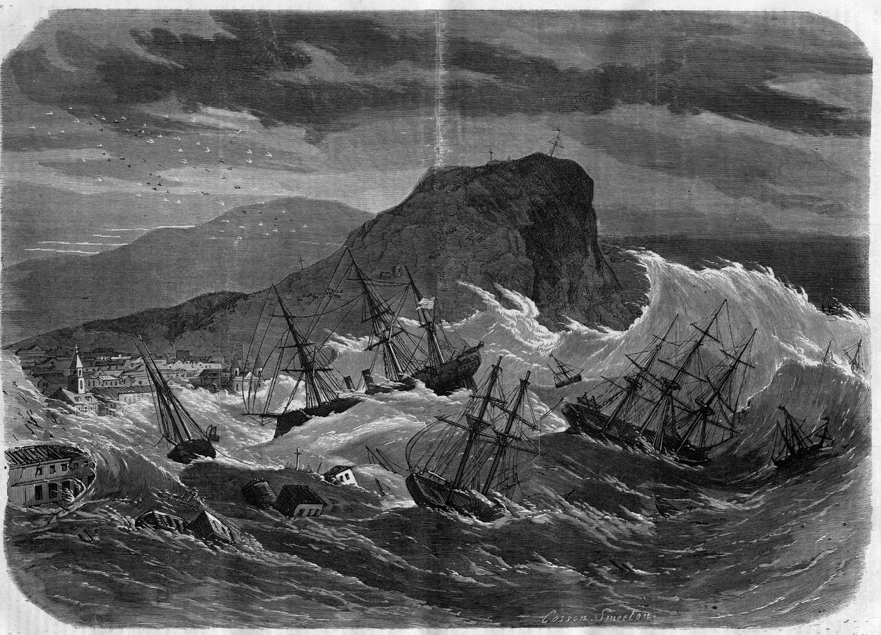 Jordskælv i Peru: Tsunami, der sænker byen Arica i september 1869 - Indgravering i "" Le Journal Illustré"" af Unknown artist