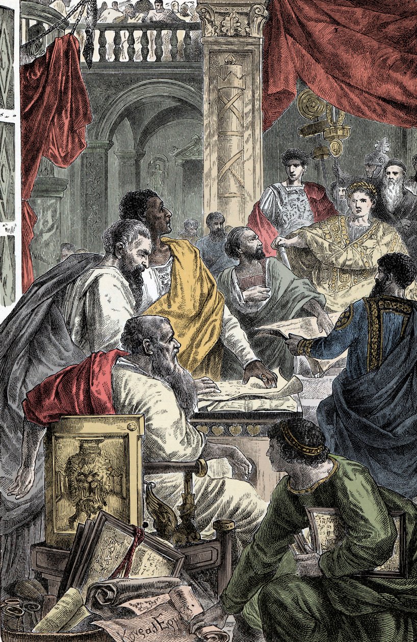 Det økumeniske råd i Nicea - Repræsentation af det første råd i Nicea, det første økumeniske råd, i 325 e.Kr. JC tilkaldt af kejser Konstantin I. af Unknown artist