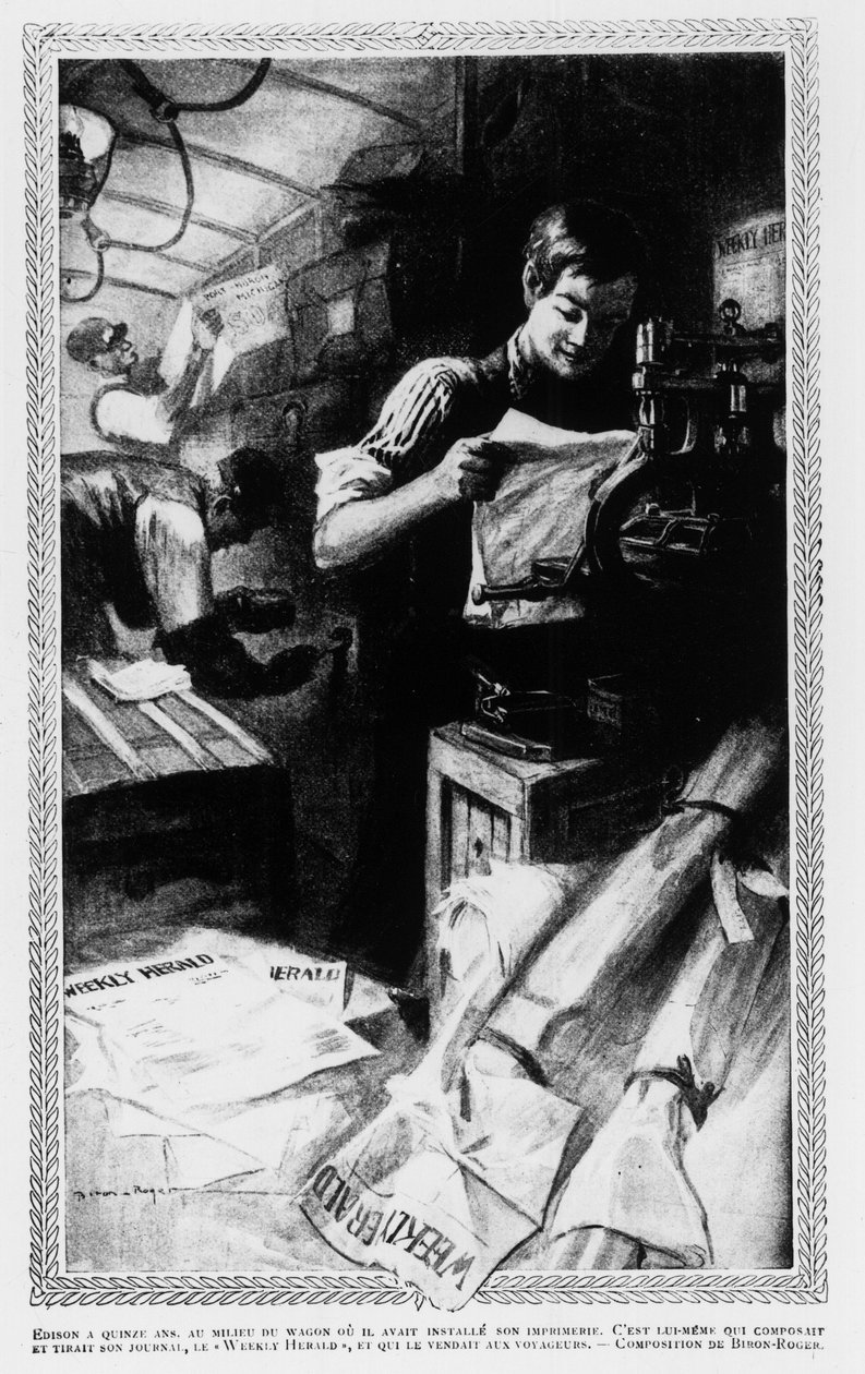 Edison, på 15, midt i bilen, hvor han plejede at installere sit trykkeri. Han skrev og trykte sin avis, Weekly Herald, og solgte den til rejsende. af Unknown artist
