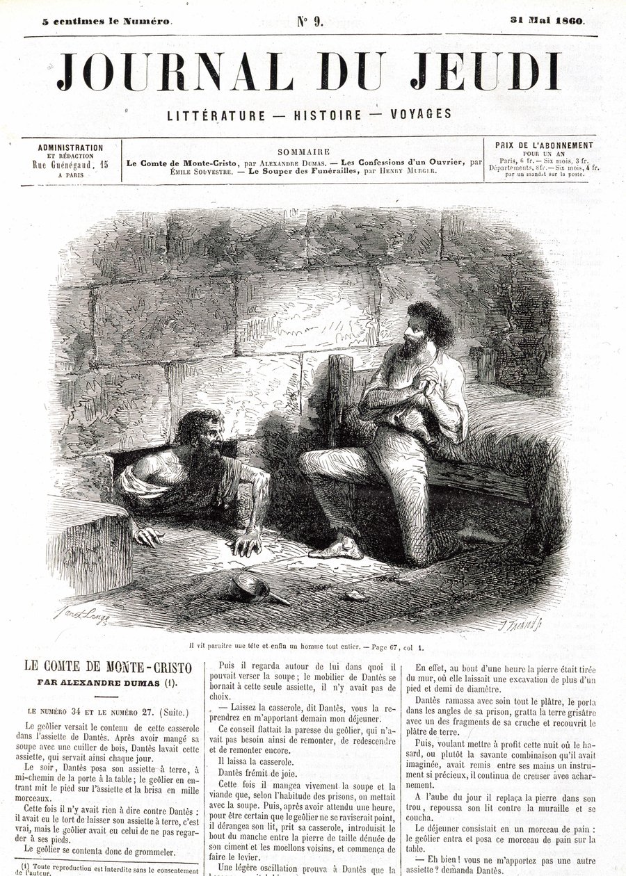 Edmond Dantes, greven af Monte Cristo (Monte Cristo) møder Abbe Faria takket være den hule tunnel i fængslet - i "" Le Journal du Thursdays""" af 31/05/1860 af Unknown artist