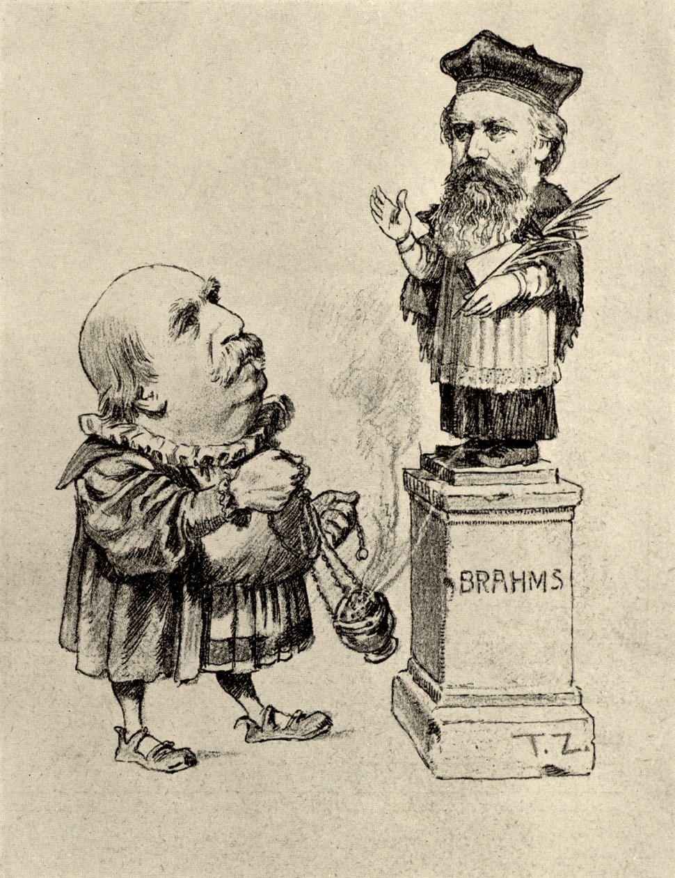 Eduard Hanslick (1825-1904) østrigsk musikkritiker, der tilbeder Brahms på en piedestal af Unknown artist