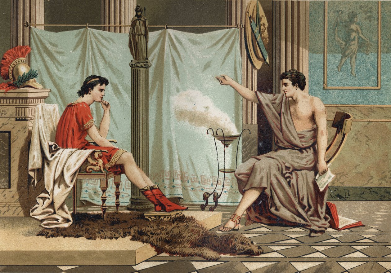 Uddannelse af Alexander den Store (356 - 323 f.Kr.) af filosoffen Aristoteles (384 f.Kr. til 322 f.Kr. efter "Science and its Men"" af Louis Figuier. Barcelona af Unknown artist