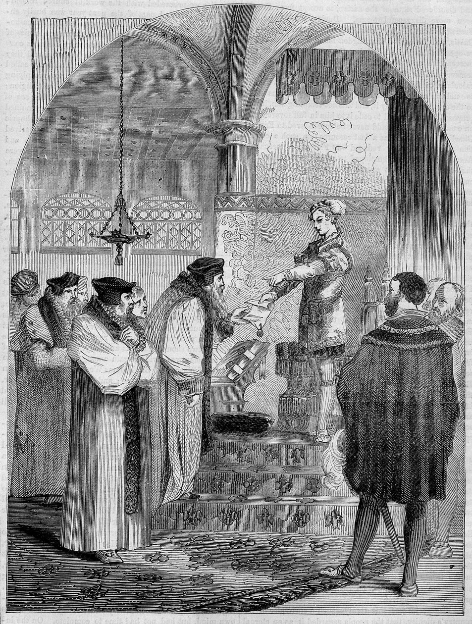Edward VI (1547 -1553), konge af England, overrækker Joan Bochers certifikat for ærkebiskop Cranmer af Unknown artist