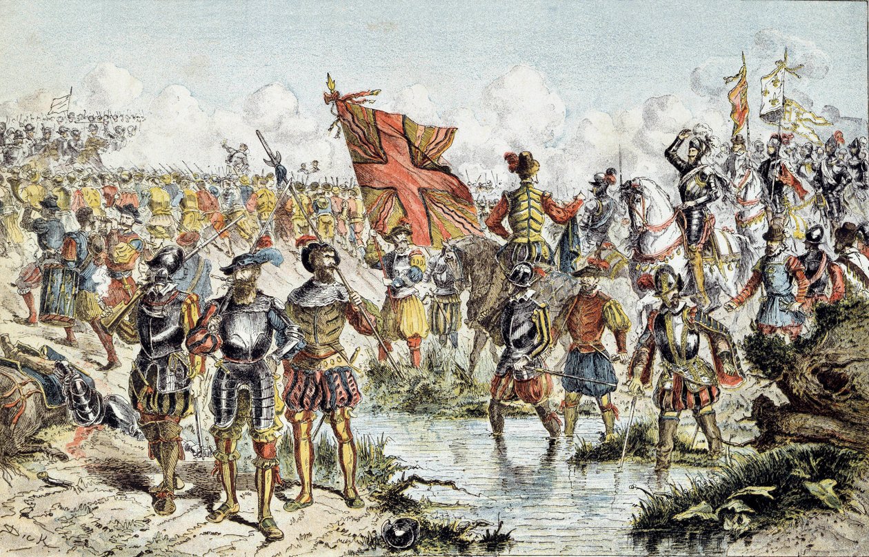 Ottende religionskrig (1585-1598): slaget ved Ivry den 14/03/1590 mellem den kongelige hær af Henrik IV (som vil sejre) og den katolske liga. Illustration af det 19. århundrede. Paris, Musee de l