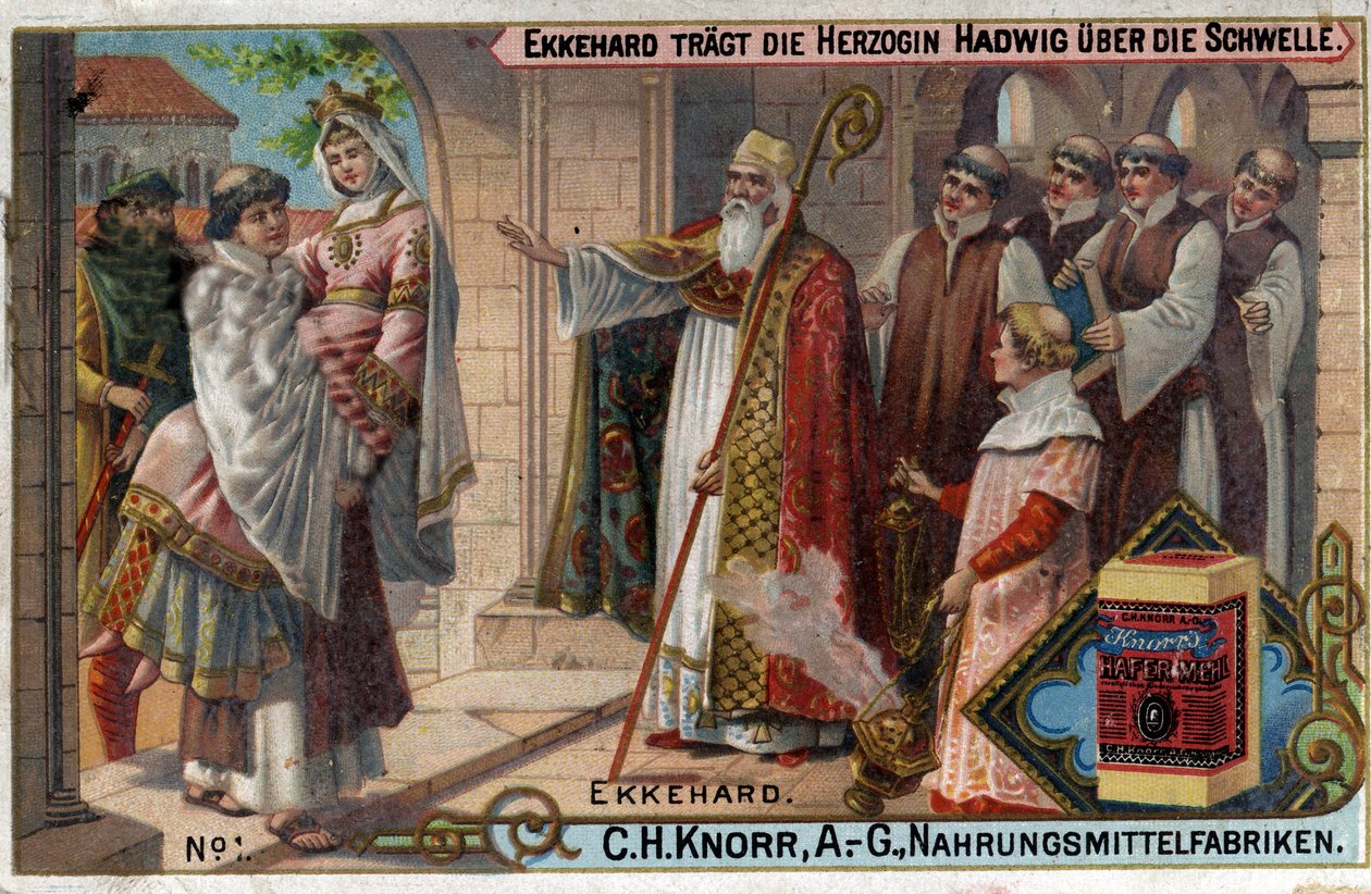 Ekkehard IV af St. Gallen (St. Gallen) eller Eckhard, Eckhart (980 -1057) erudit og latinsk digter. Ekkehard får hertuginde Hadwig til at krydse tærsklen. af Unknown artist