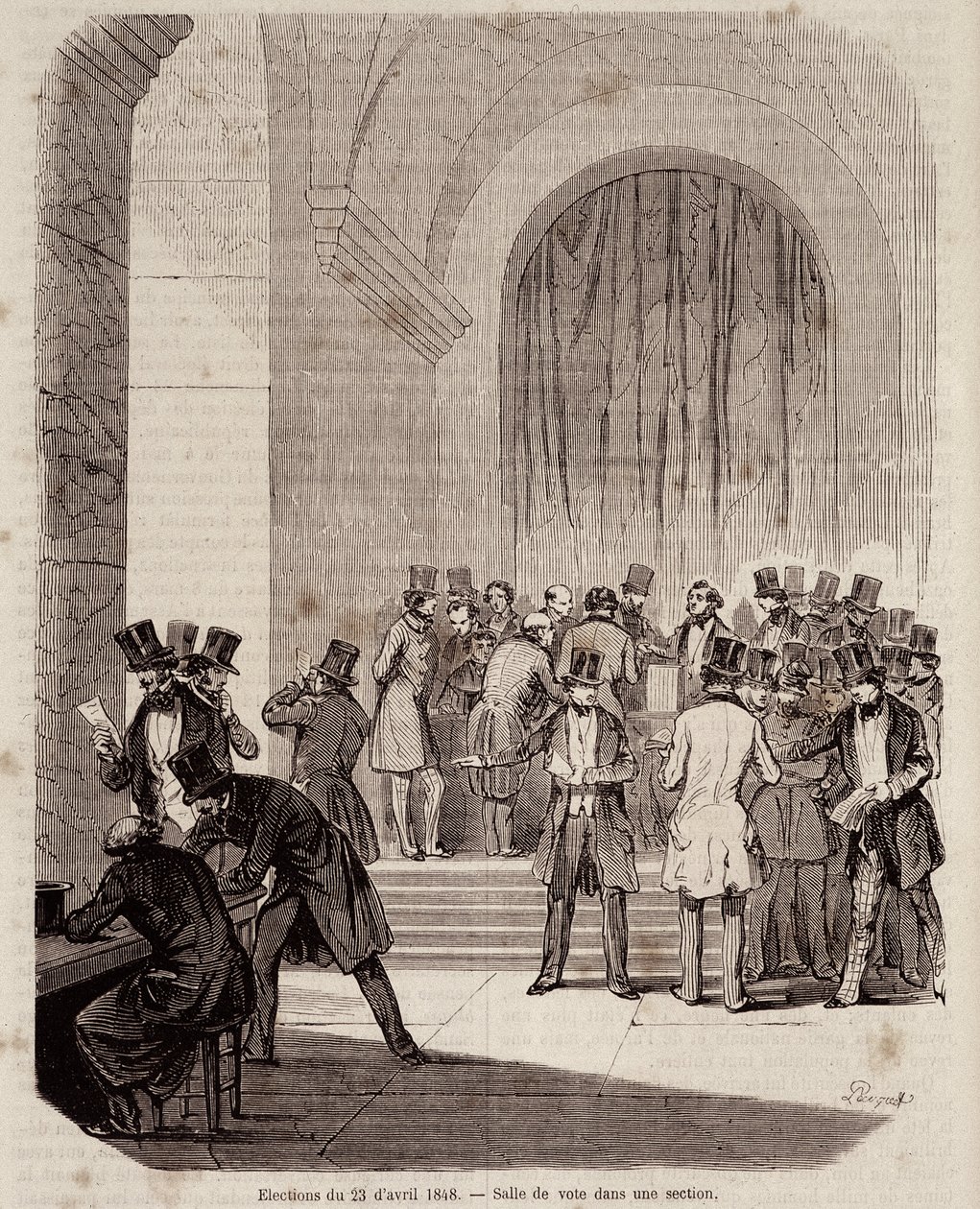 Valg den 23. april 1848: afstemningslokale i en afdeling - i "" Samtidens populærhistorie"" af Unknown artist