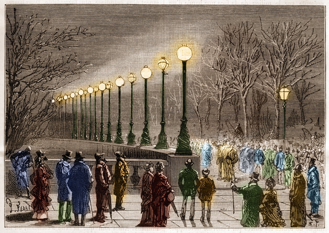 Elektrisk belysning: gulvlamper fra Victoria-kajen i London, Storbritannien. Indgravering i ""La Nature"" af Unknown artist
