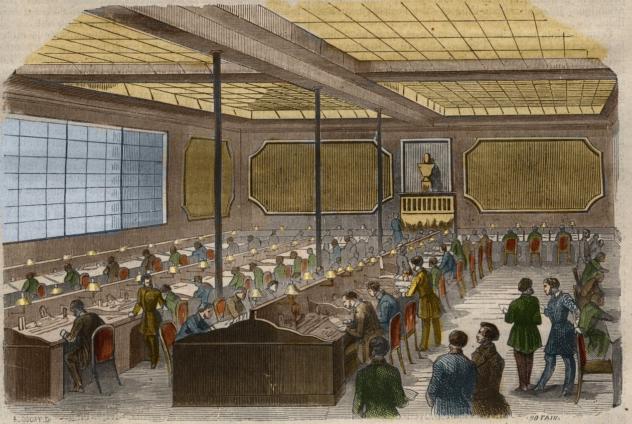 Elektrisk telegrafi: udsigt over centralstationen for telegrafiske linjer i det franske indenrigsministerium i Paris. Indgravering fra 1856 i "" Le Musee Des Sciences"" af Unknown artist