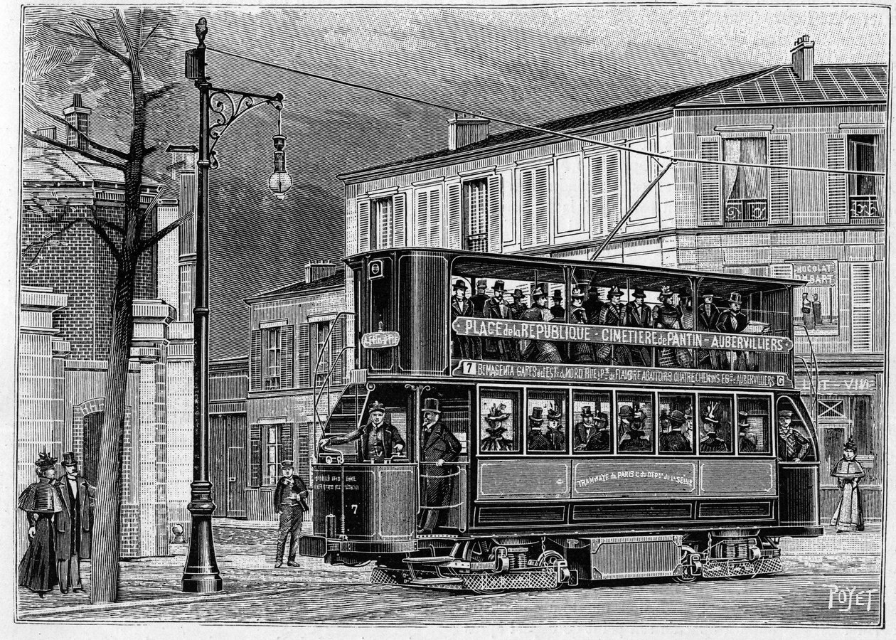 Elektriske sporveje fra Paris til Aubervilliers: udsigt over en luftvogn uden for Paris. Indgravering i "" Nature: gennemgang af videnskaberne og deres anvendelser til kunst og industri "" af 25. juni 1898. af Unknown artist