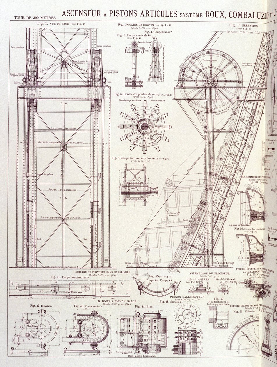 Elevator og leddelte stempler i Eiffeltårnet (Roux-Combaluzier system) - industrielt design af Unknown artist