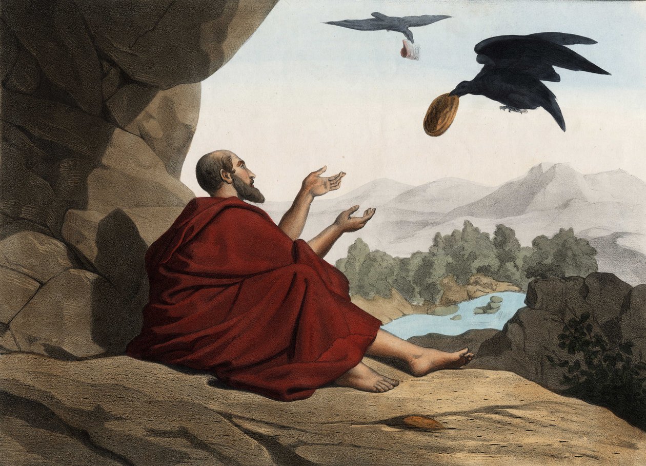 Elias, skjult af Keriths strøm, bliver fodret af kragerne. Anonym stik fra midten af 1800-tallet. af Unknown artist