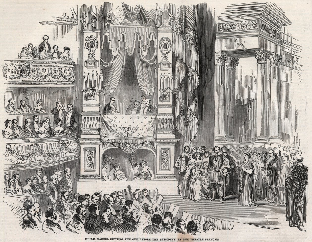Elisabeth Rachel Felix, kendt som Mademoiselle Rachel (1821-1858), fransk tragedienne, før Napoleon III på Theatre Francais i 1852 - På tærsklen til proklamationen af det andet imperium erklærede Rachel på Theatre Francais den 22. oktober 1852 af Unknown artist