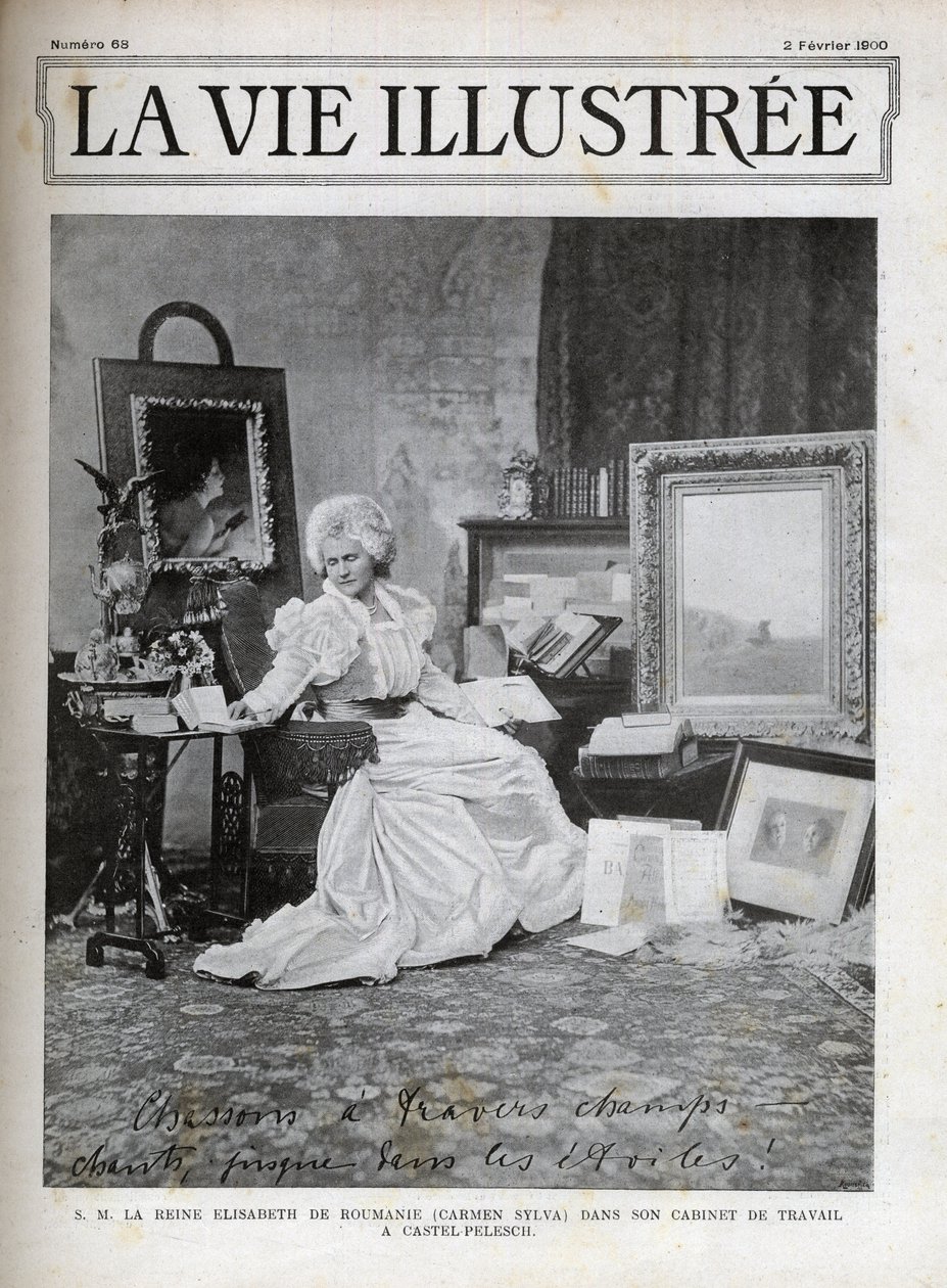 Elisabeth af Wied Dronningsgemal af Rumænien 1843-1916 - Elisabeth de Wied - Elisabeth Pauline Ottilie Louise de Wied (kendt som Carmen Sylvas pen), på hendes kontor i Castel Pelesch - omslag illustreret fra 1900 af Unknown artist