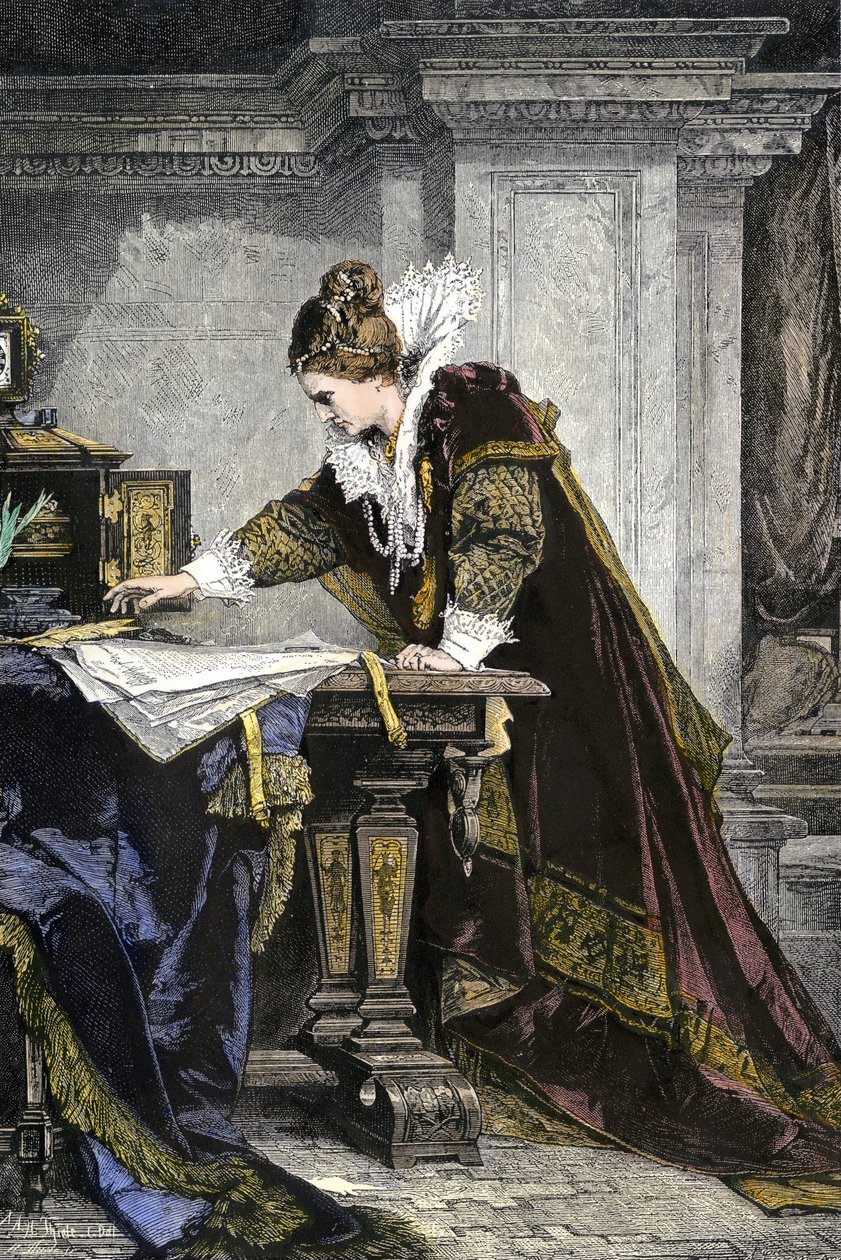 Elizabeth 1. af England underskriver ordren om henrettelse af Maria Stuart af Unknown Artist