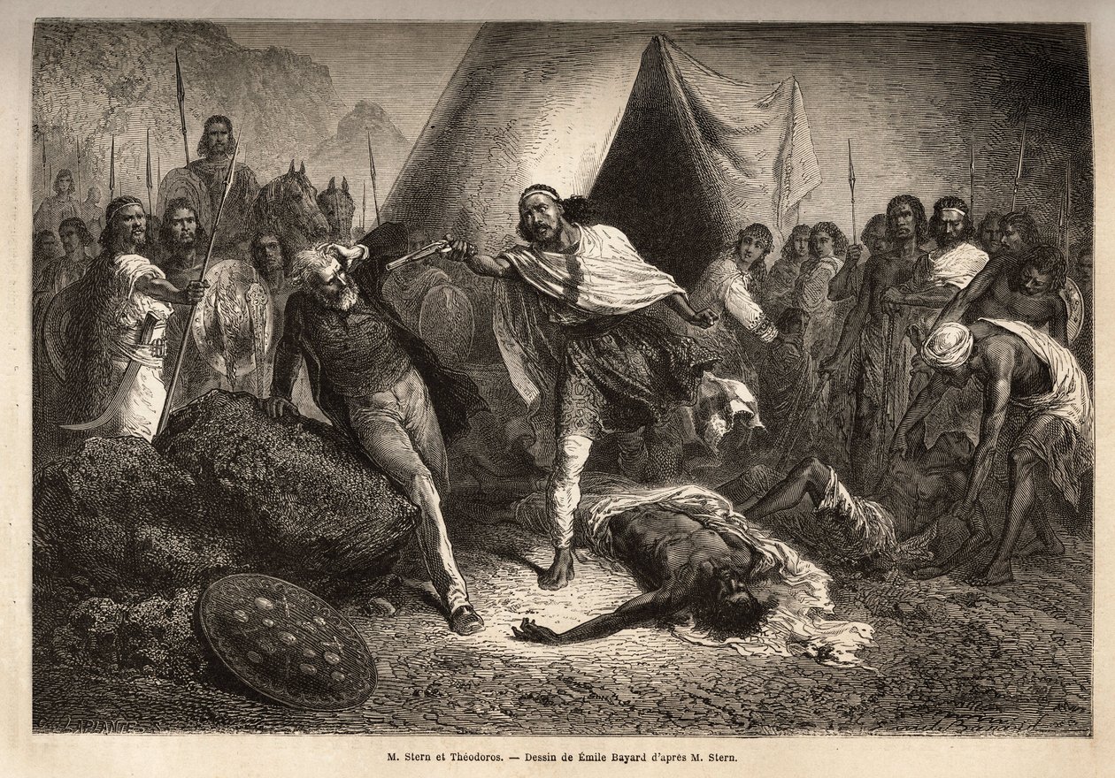 Kejseren (eller negus) Theodoros II (født omkring 1818-1868, kaldet Kassa Hailu før hans kroning på Det Etiopiske Rige), truede med sin pistol Mr. Tewodros II. Stern, en engelsk missionær, der udstrålede en biografi om en negus, hvorved Theodoros følte sig af Unknown artist