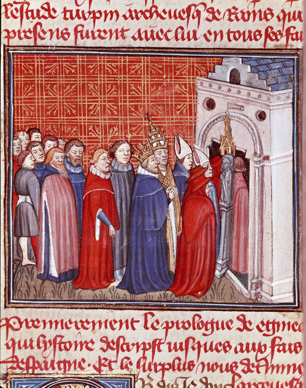 Kejser Karl den Store (742-814) kroner går ind i en kirke efterfulgt af miniatureprælater fra "" Les grandes Chronicles de France"" Chantilly fra det 15. århundrede, Musee Conde af Unknown artist