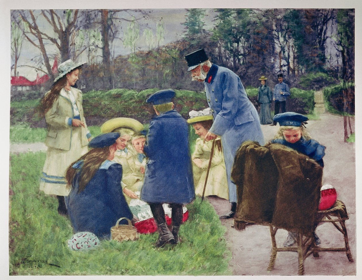 Kejser Franz Joseph holder øje med sit barnebarn i parken ved sin villa i Ischl, Oberösterreich. af Unknown artist